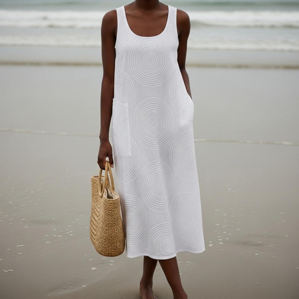 Wave-embroidered Linen Tank Dress