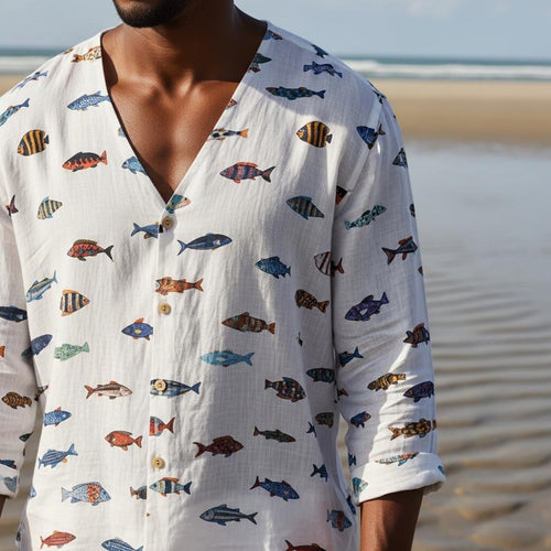 Fish-print graffiti linen V-neck shirt