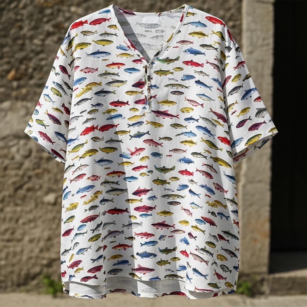 Fish-print graffiti linen V-neck shirt