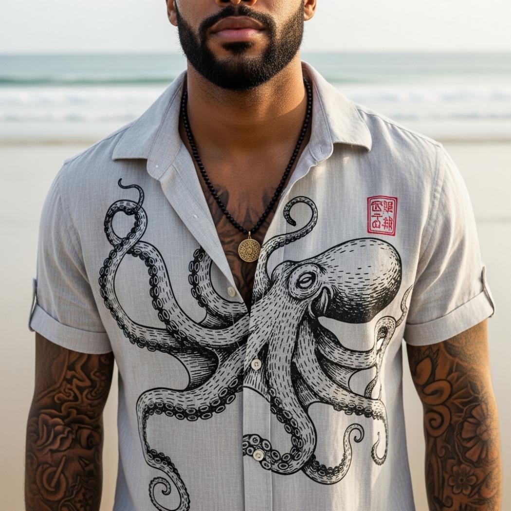 Men's Vintage Octopus Print Linen Blend Shirt