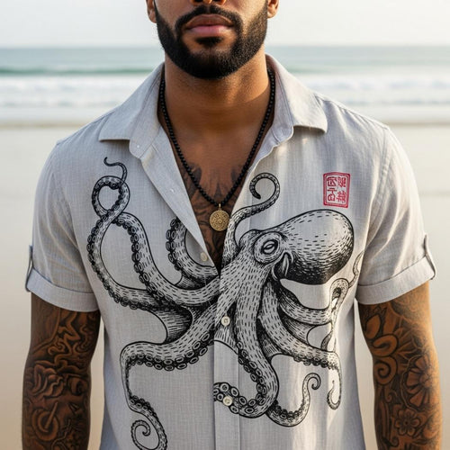 Men's Vintage Octopus Print Linen Blend Shirt