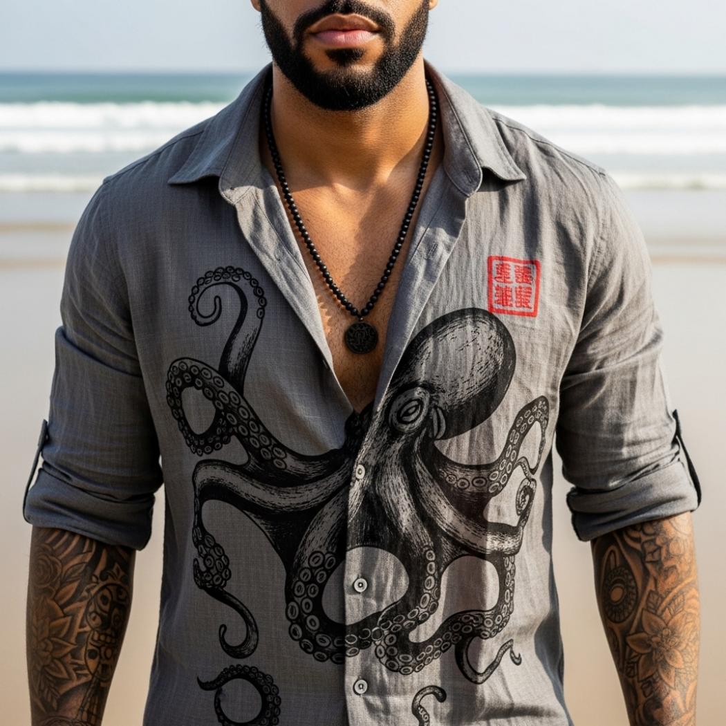 Men's Vintage Octopus Print Linen Blend Shirt