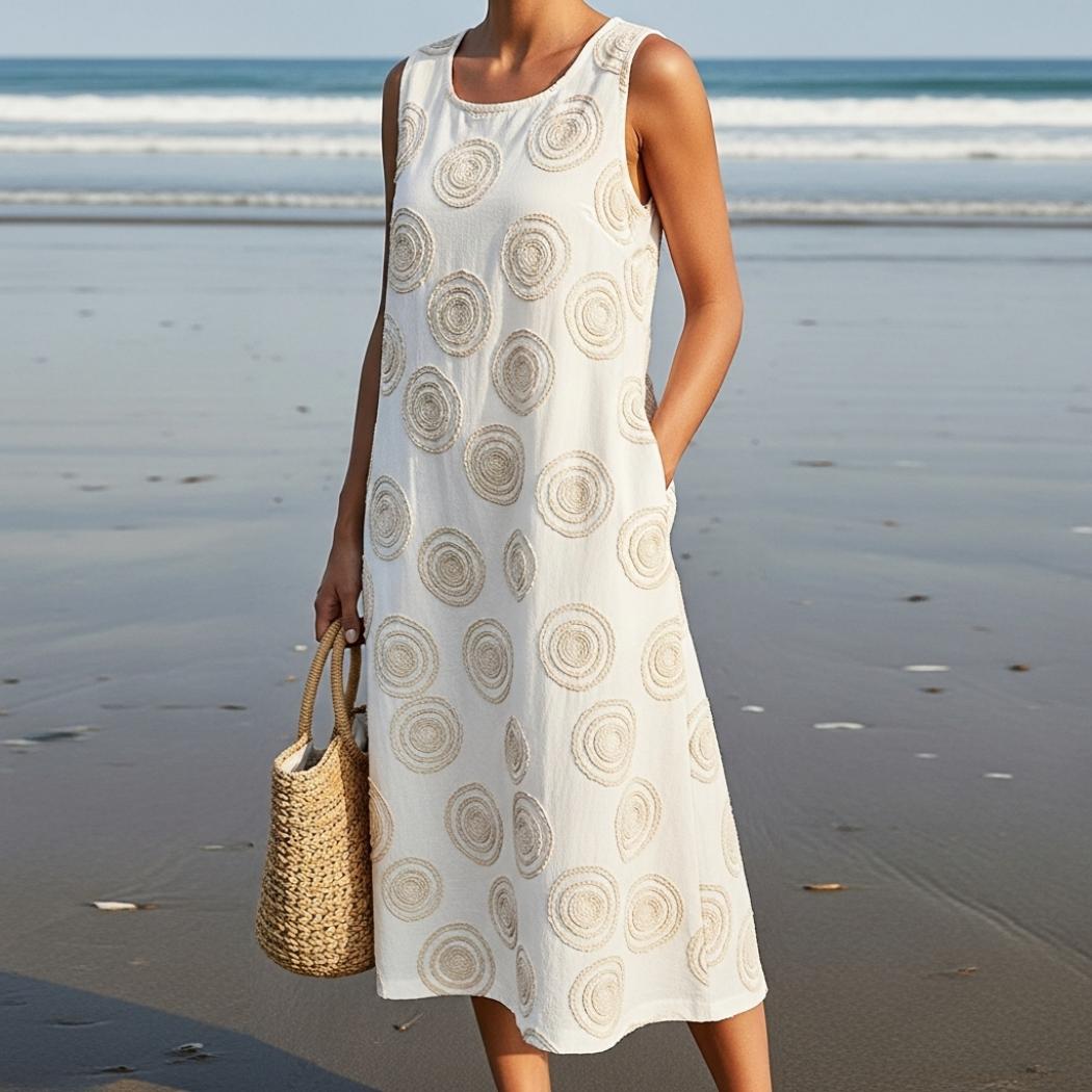 Wave-embroidered Linen Tank Dress