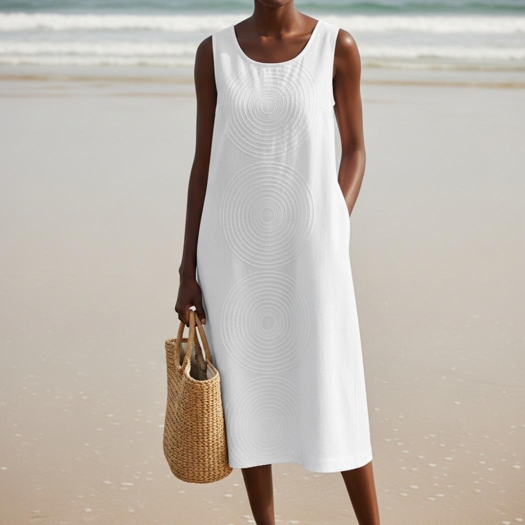Wave-embroidered Linen Tank Dress