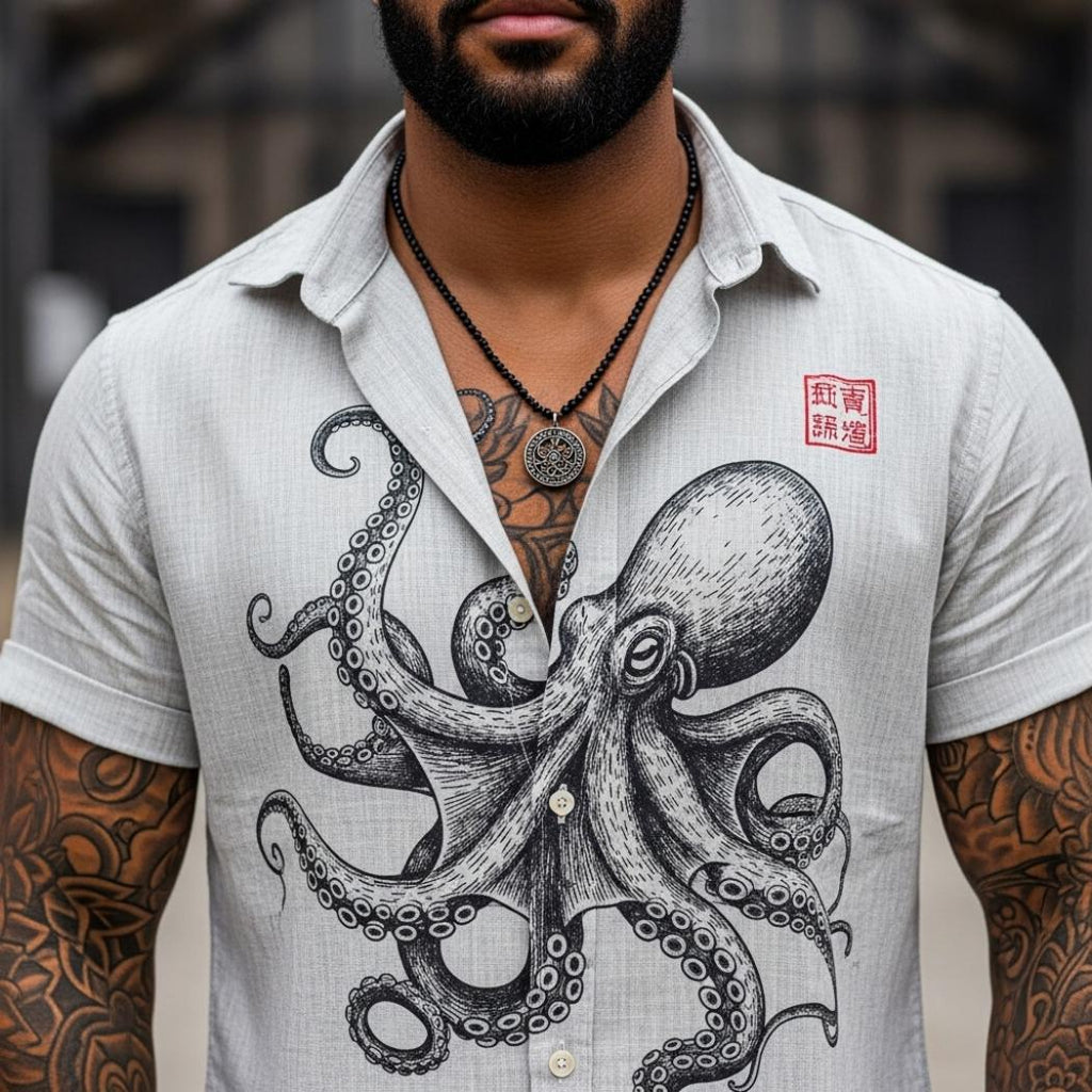Men's Vintage Octopus Print Linen Blend Shirt
