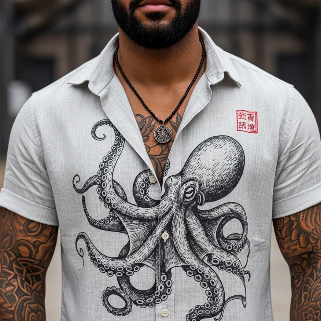 Men's Vintage Octopus Print Linen Blend Shirt