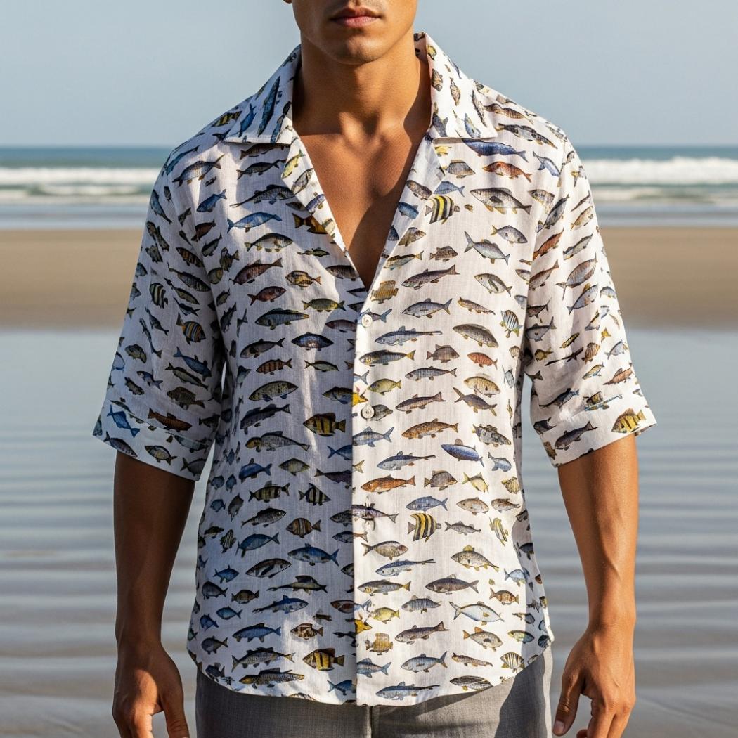 Fish-print graffiti linen V-neck shirt
