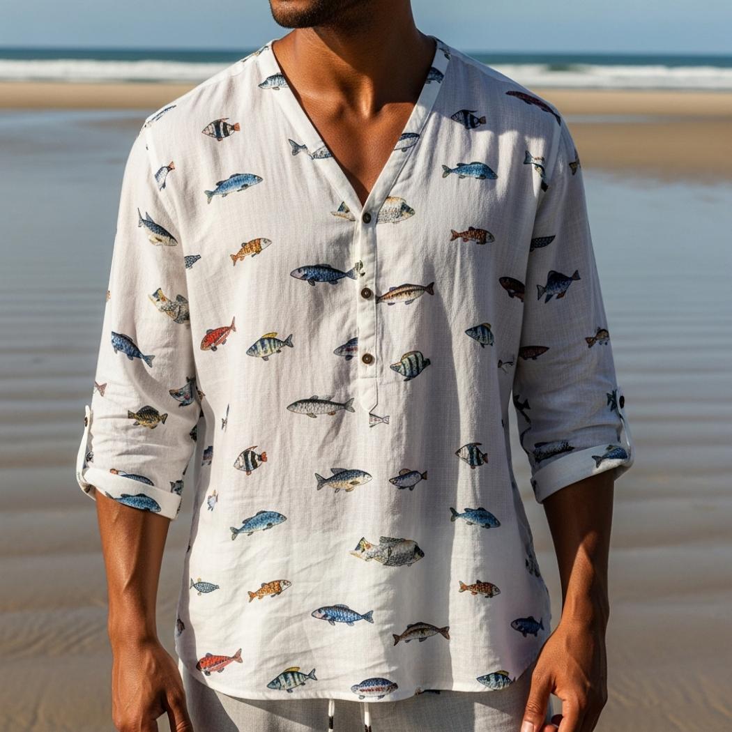 Fish-print graffiti linen V-neck shirt