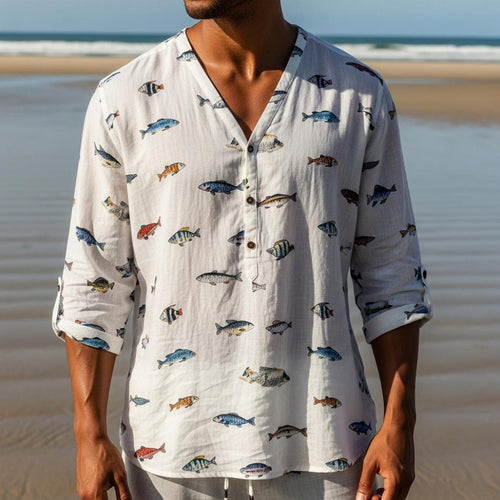 Fish-print graffiti linen V-neck shirt