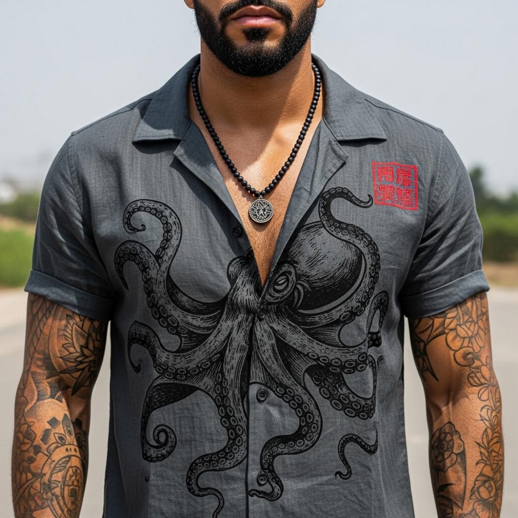 Men's Vintage Octopus Print Linen Blend Shirt