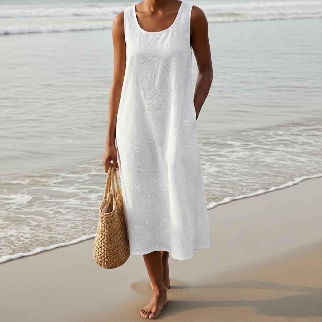 Wave-embroidered Linen Tank Dress