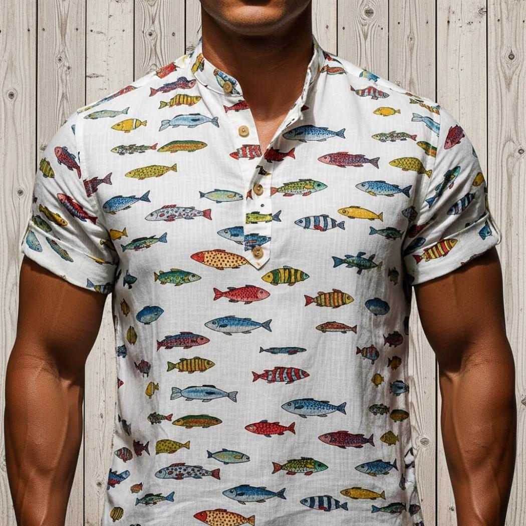 Fish-print graffiti linen V-neck shirt