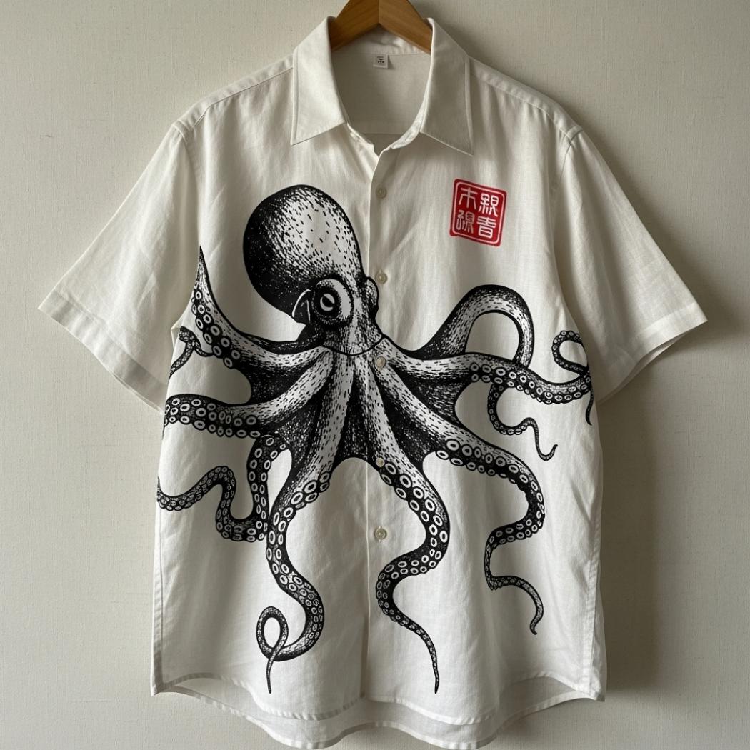 Men's Vintage Octopus Print Linen Blend Shirt
