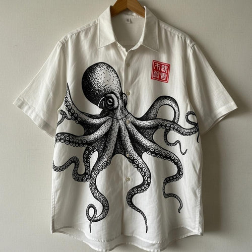 Men's Vintage Octopus Print Linen Blend Shirt